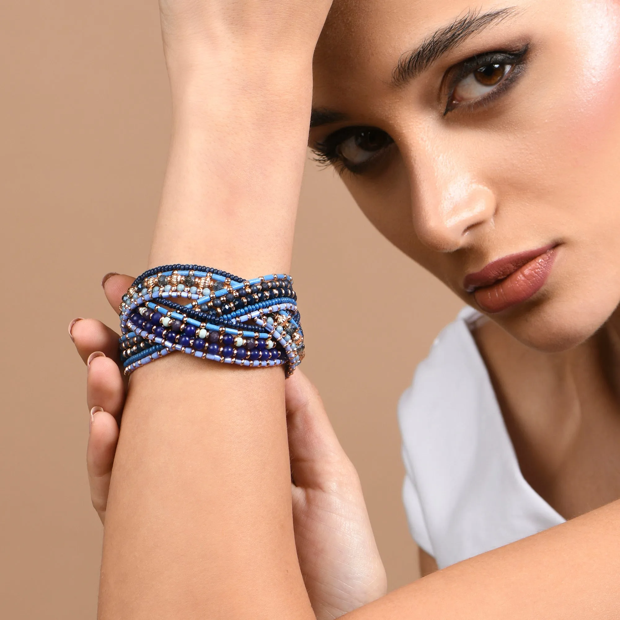 Accessorize London  Women's Blue Beaded Woven Cuff