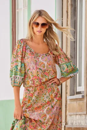 Boho Beach Club Print Blouson Blouse Multi