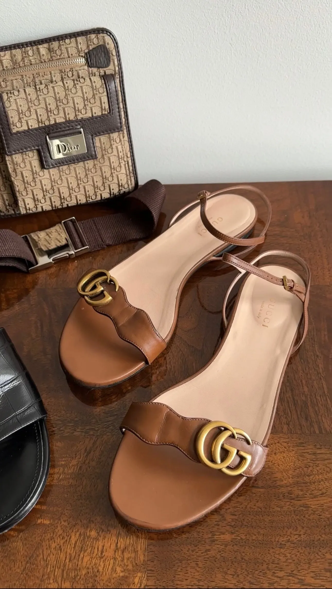 Gucci GG Marmont Brown Leather Flat Sandals - 38.5