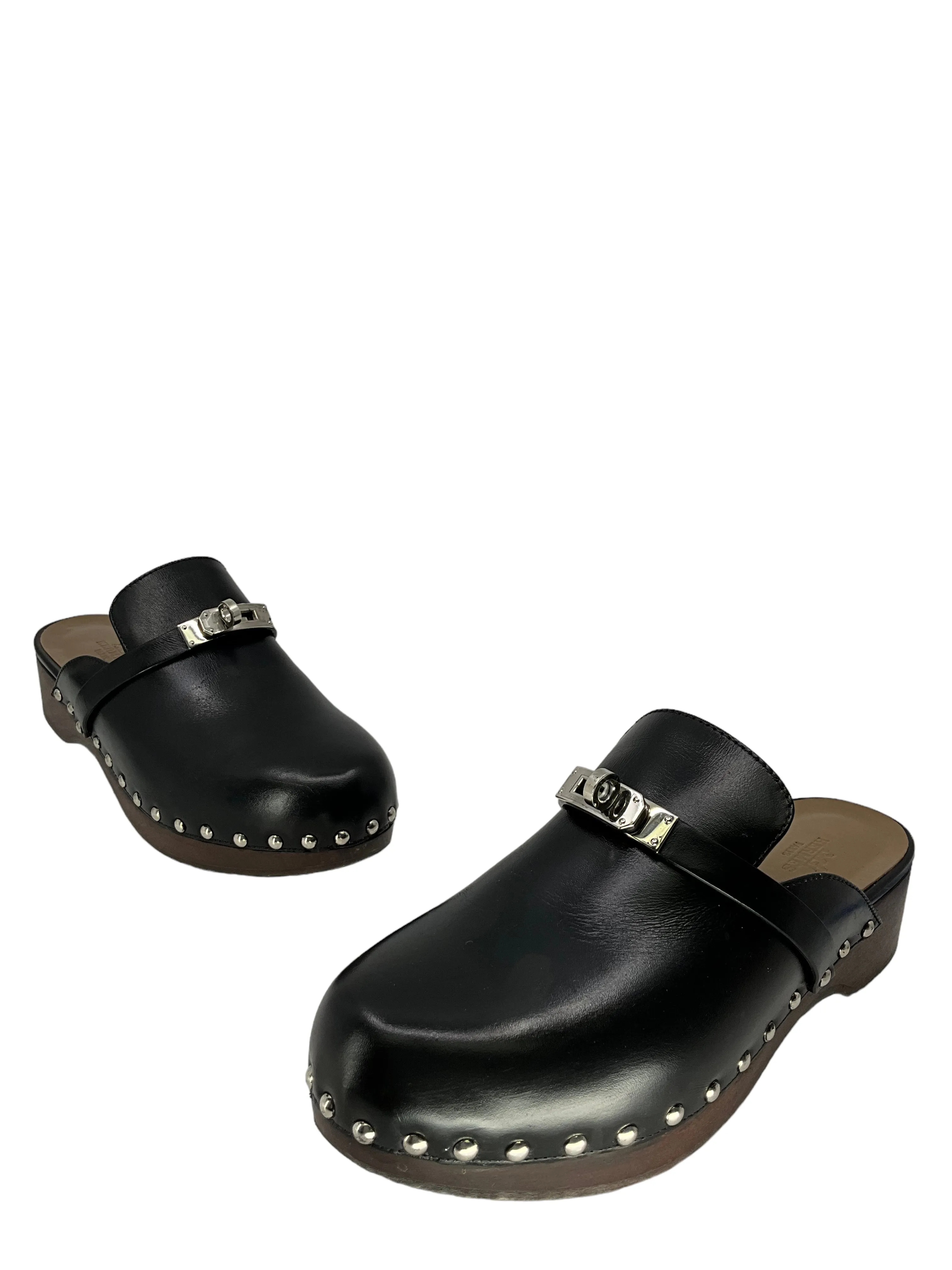 Hermes Black Leather Carlotta Clogs Size 7