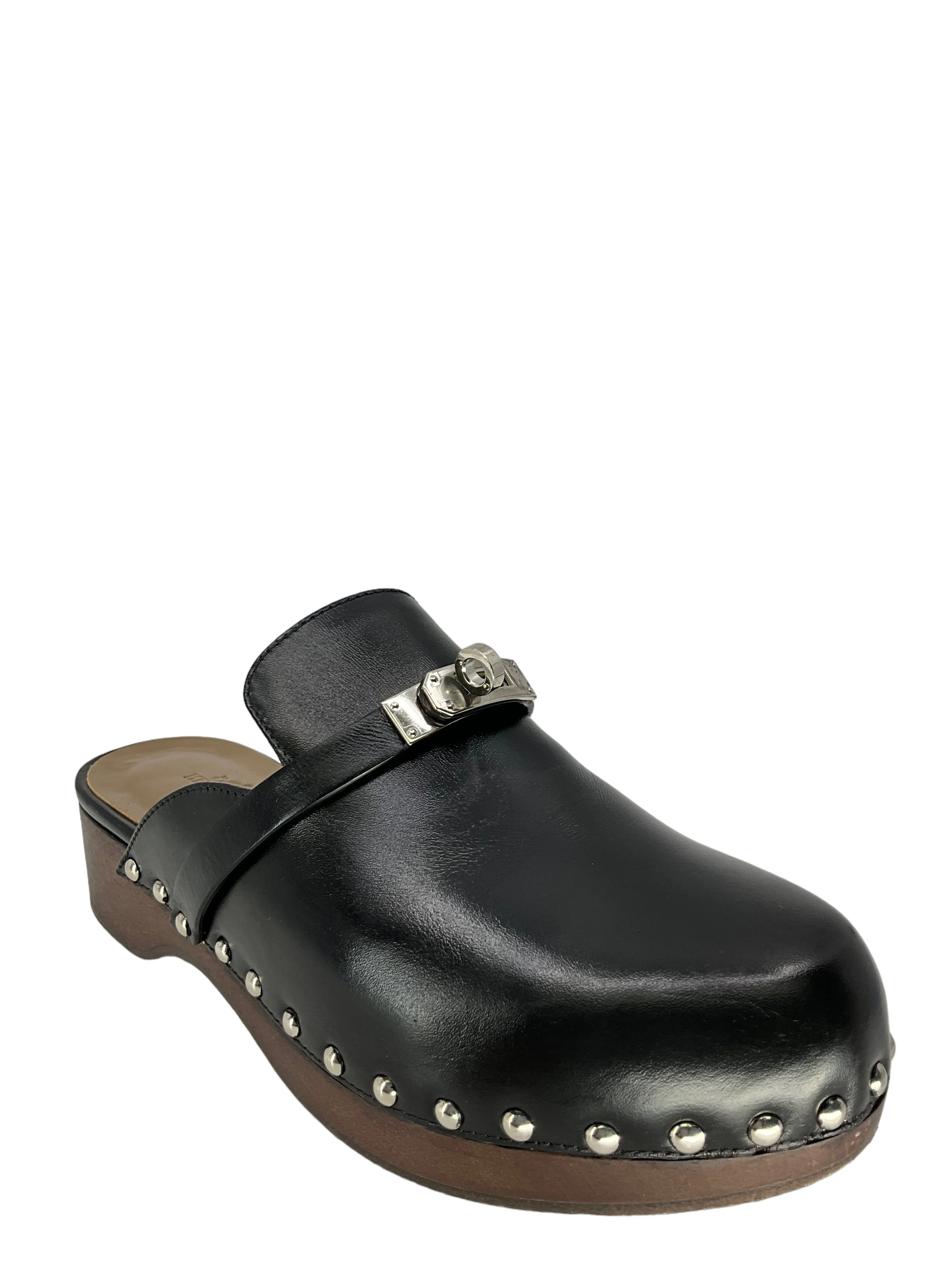 Hermes Black Leather Carlotta Clogs Size 7