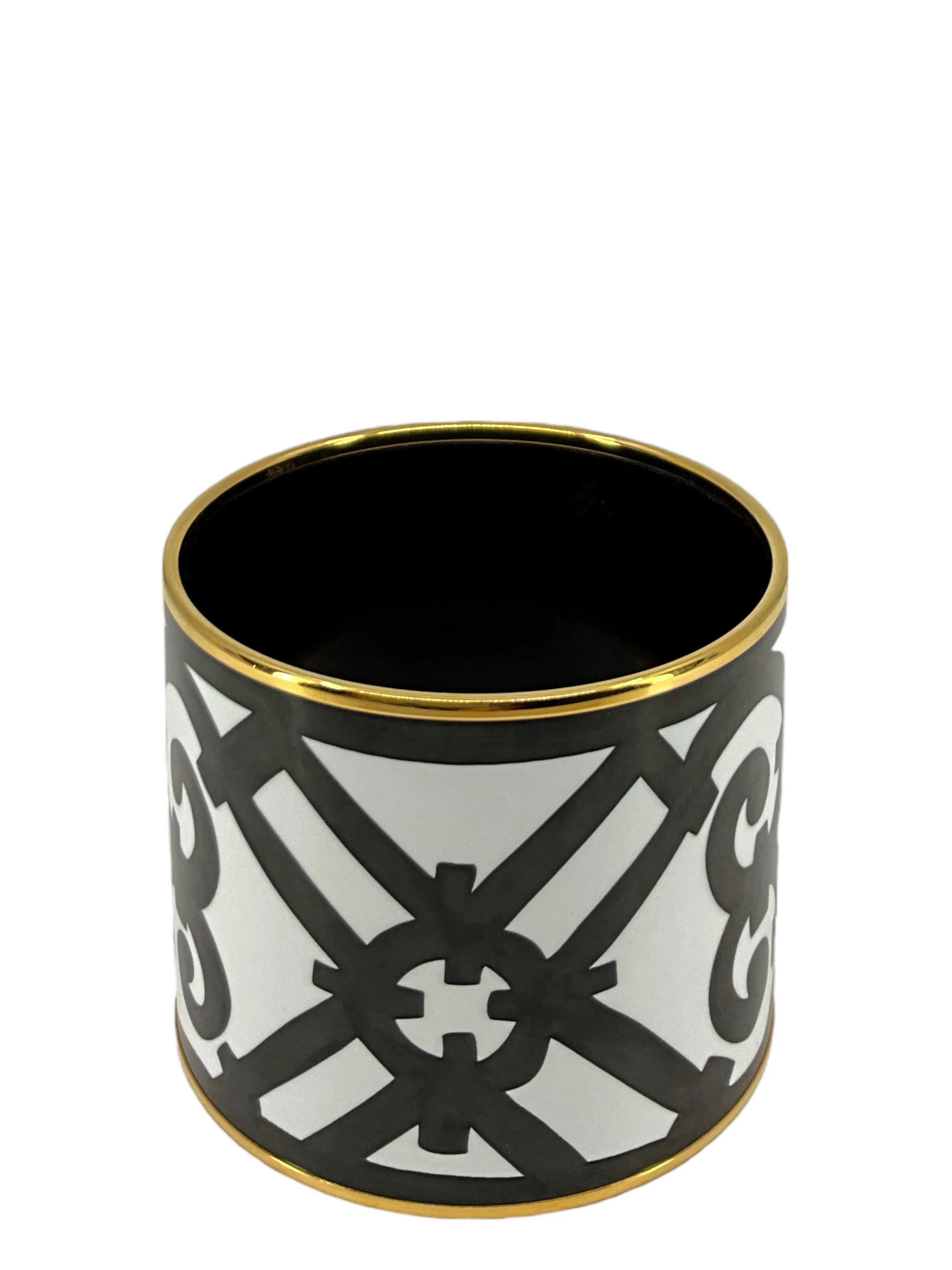 Hermes Monochrome Printed Enamel Gold Plated Extra Wide Bangle Bracelet