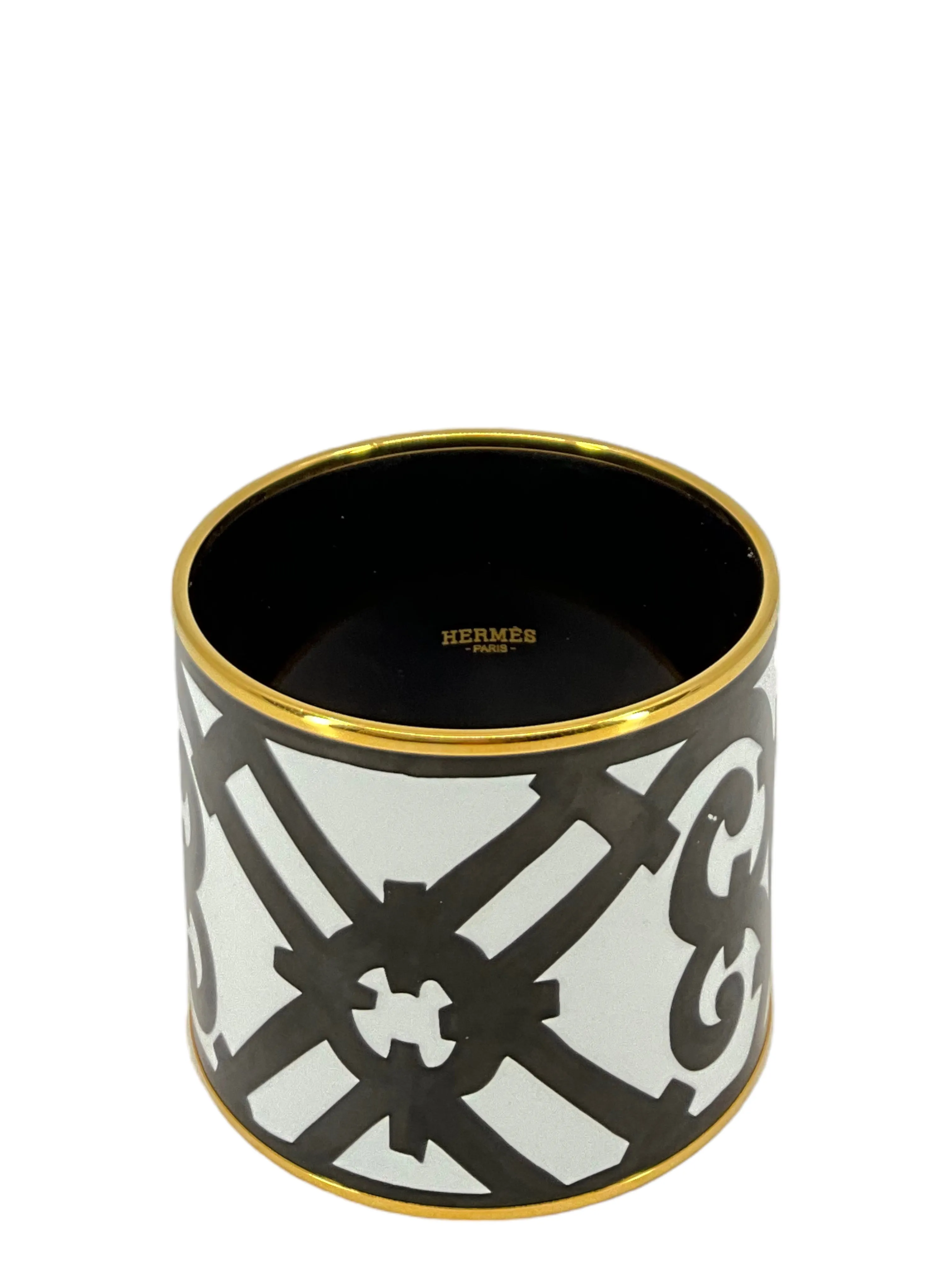 Hermes Monochrome Printed Enamel Gold Plated Extra Wide Bangle Bracelet