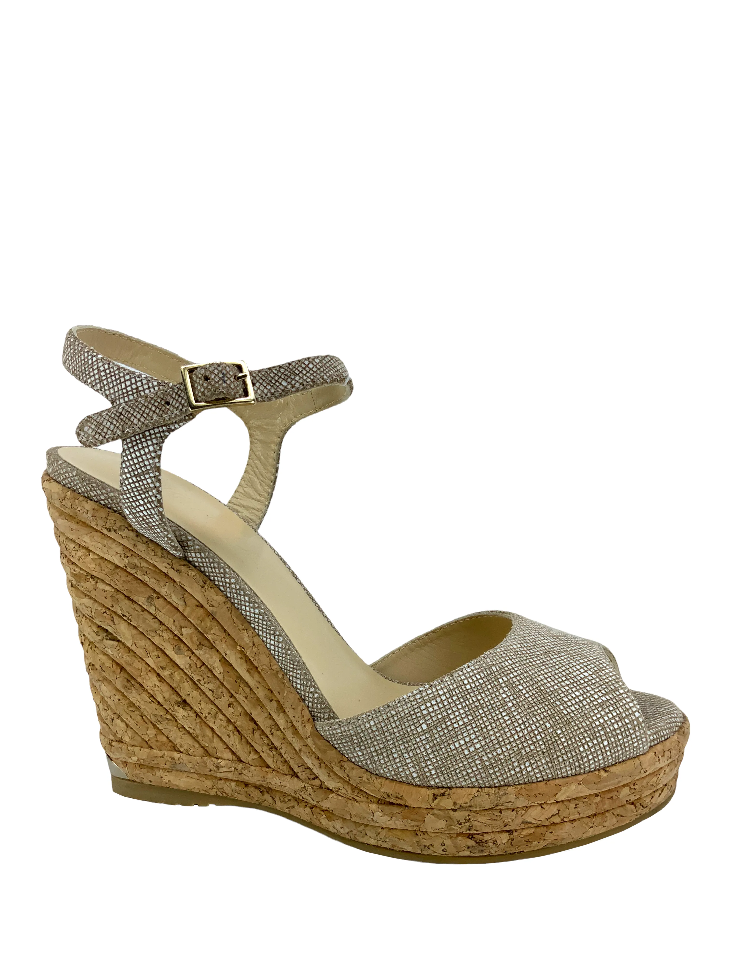 Jimmy Choo Textured Suede Cork Platform Wedge Sandals Size 9.5