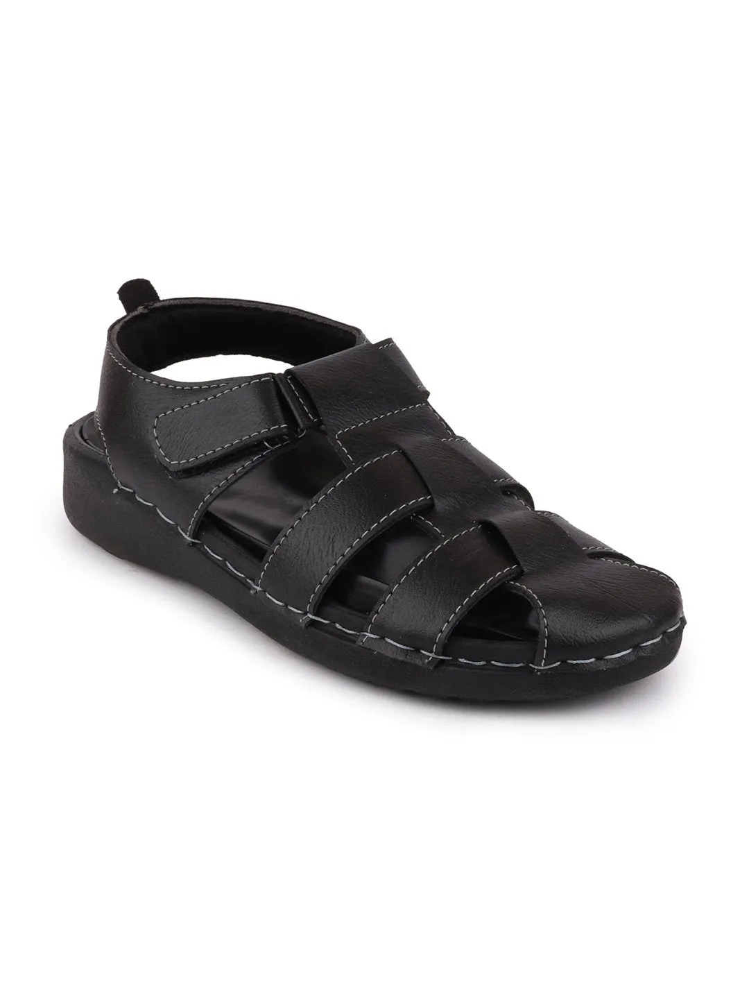 Men Black Casual Hook & Loop Fishermen Sandals