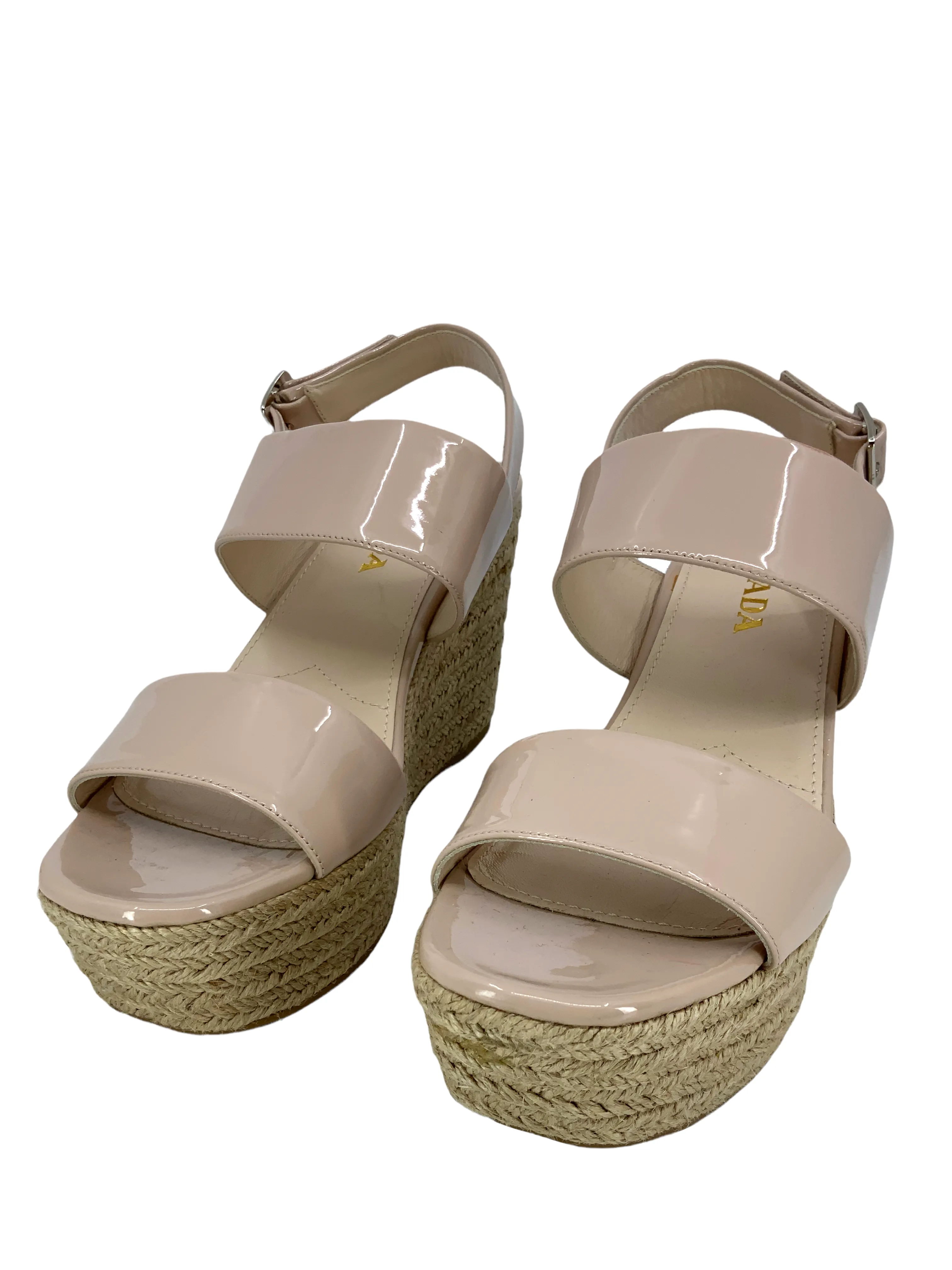 Prada Patent Leather Espadrille Wedge Sandals Size 8.5