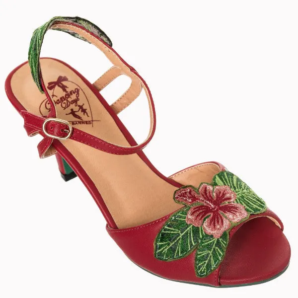 Red Floral Embroidered Open Toe Sandals