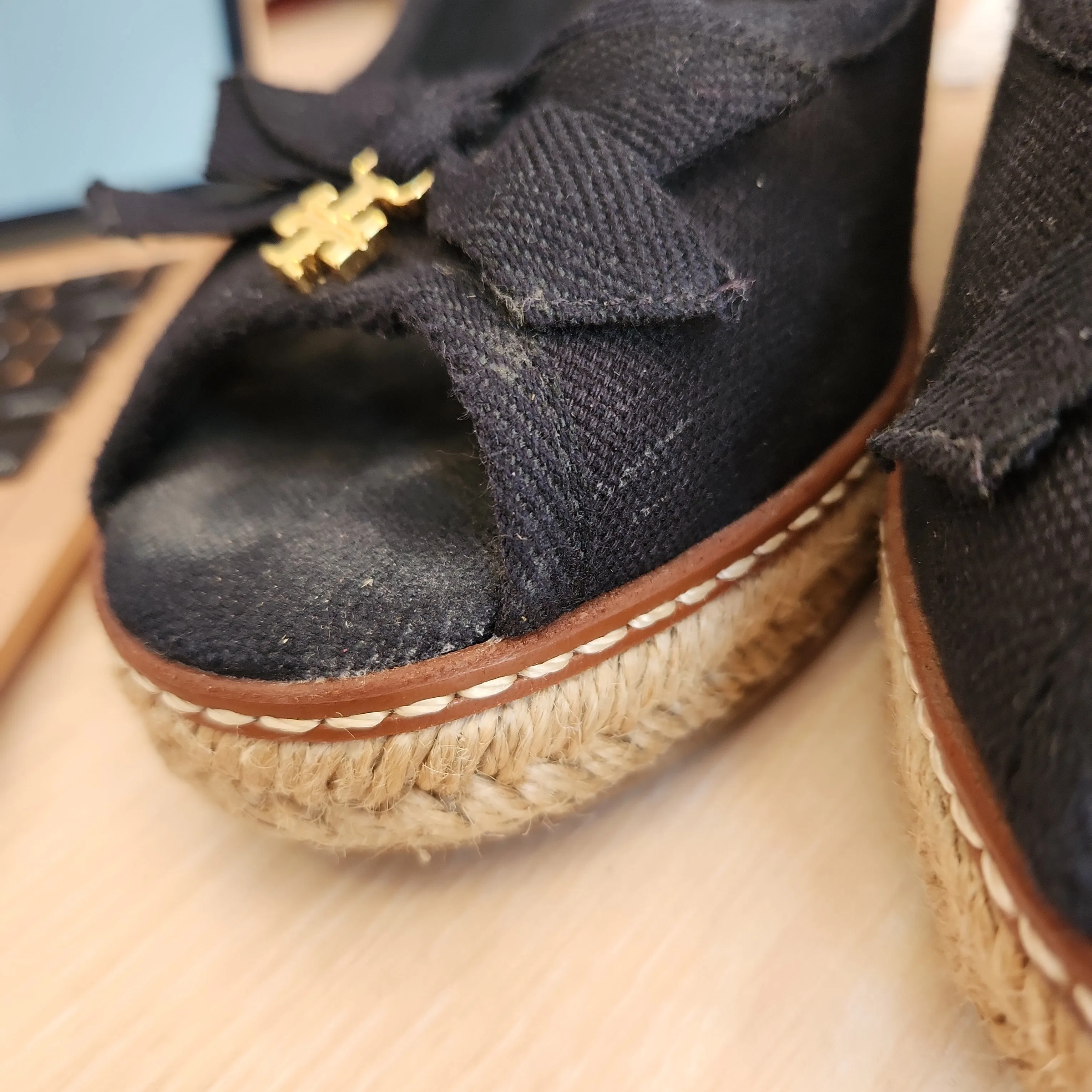 Tory Burch Black Canvas & Jute 'Jackie' Wedges | Pre Loved |