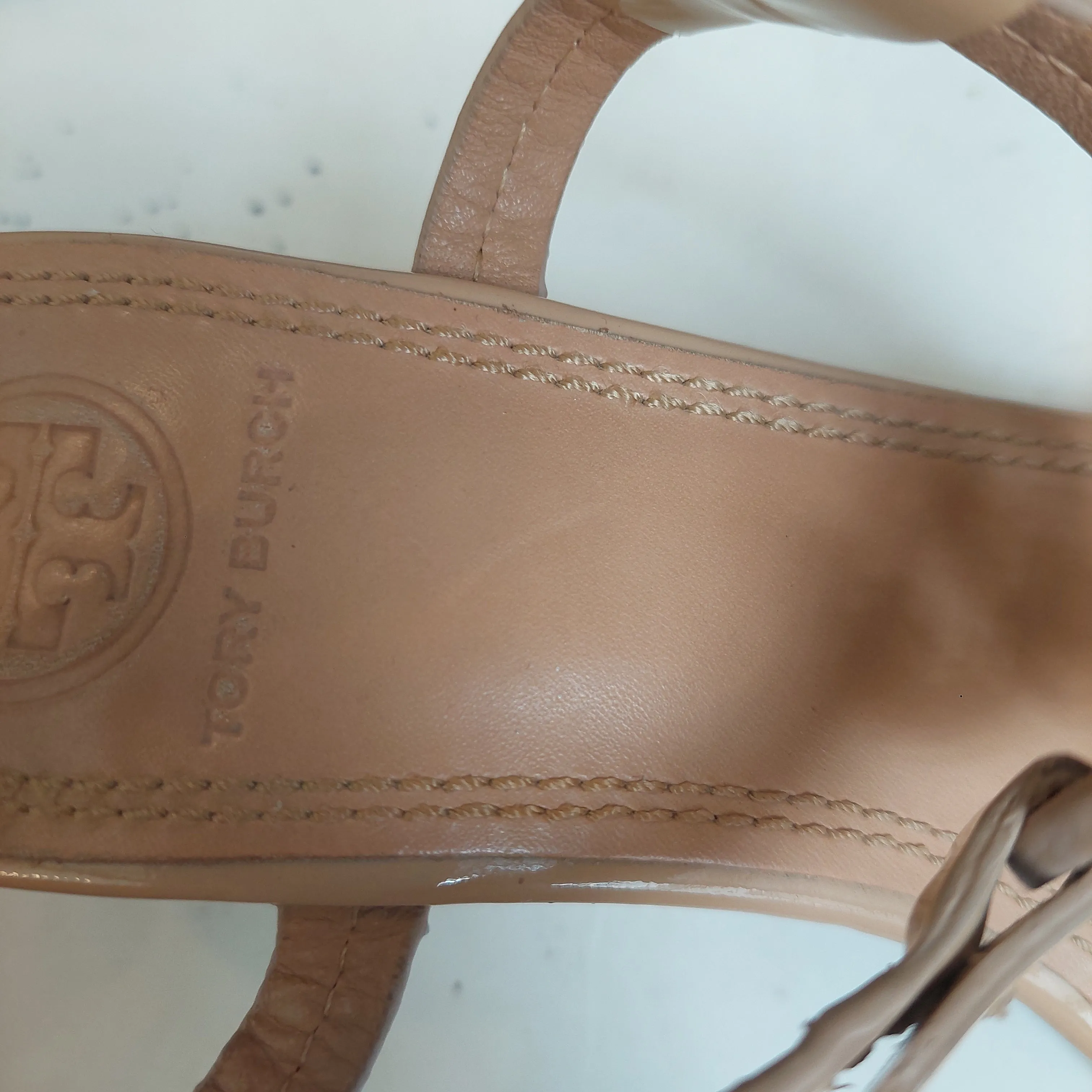 Tory Burch Tan Patent Leather T-strap Wedges | Pre Loved |