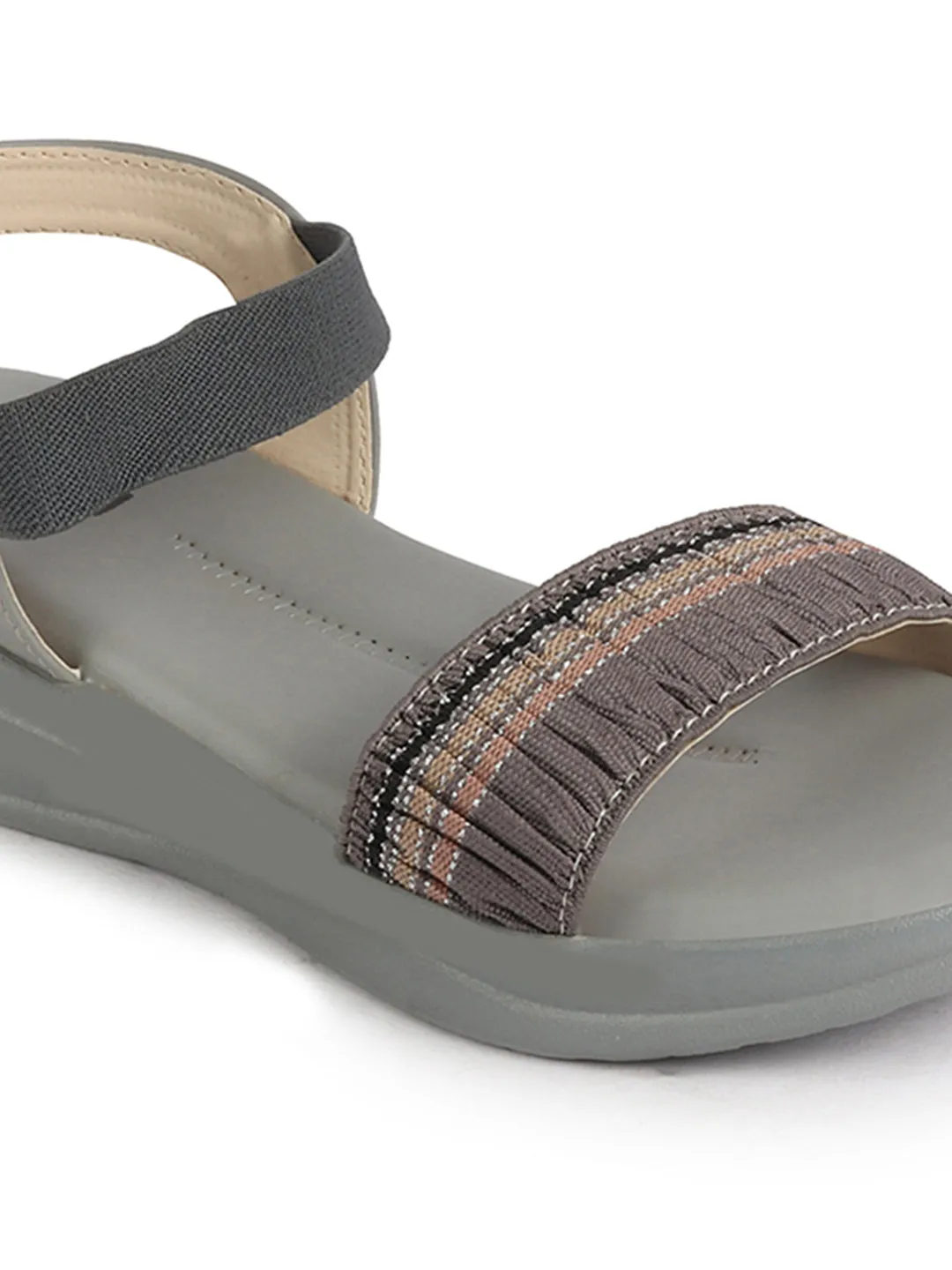 Women Grey Open Toe Multi Color Strap Platform Woven Design Slip On Sandals