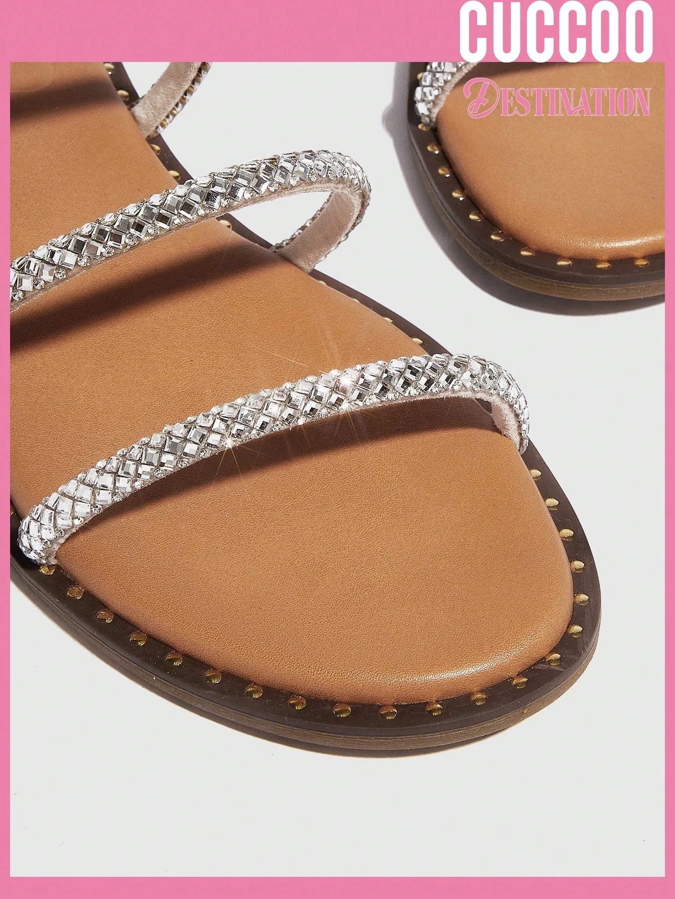 Women Rhinestone Decor Multi Strap Flat Sandals, Glamorous Slide Sandals